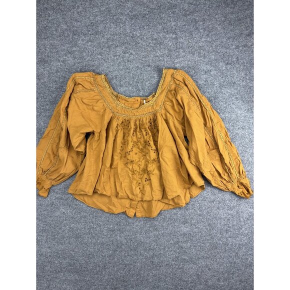 Free People Blouse Womens Small Yellow Mustard Boho Embroidered Peasant Top - Picture 1 of 7